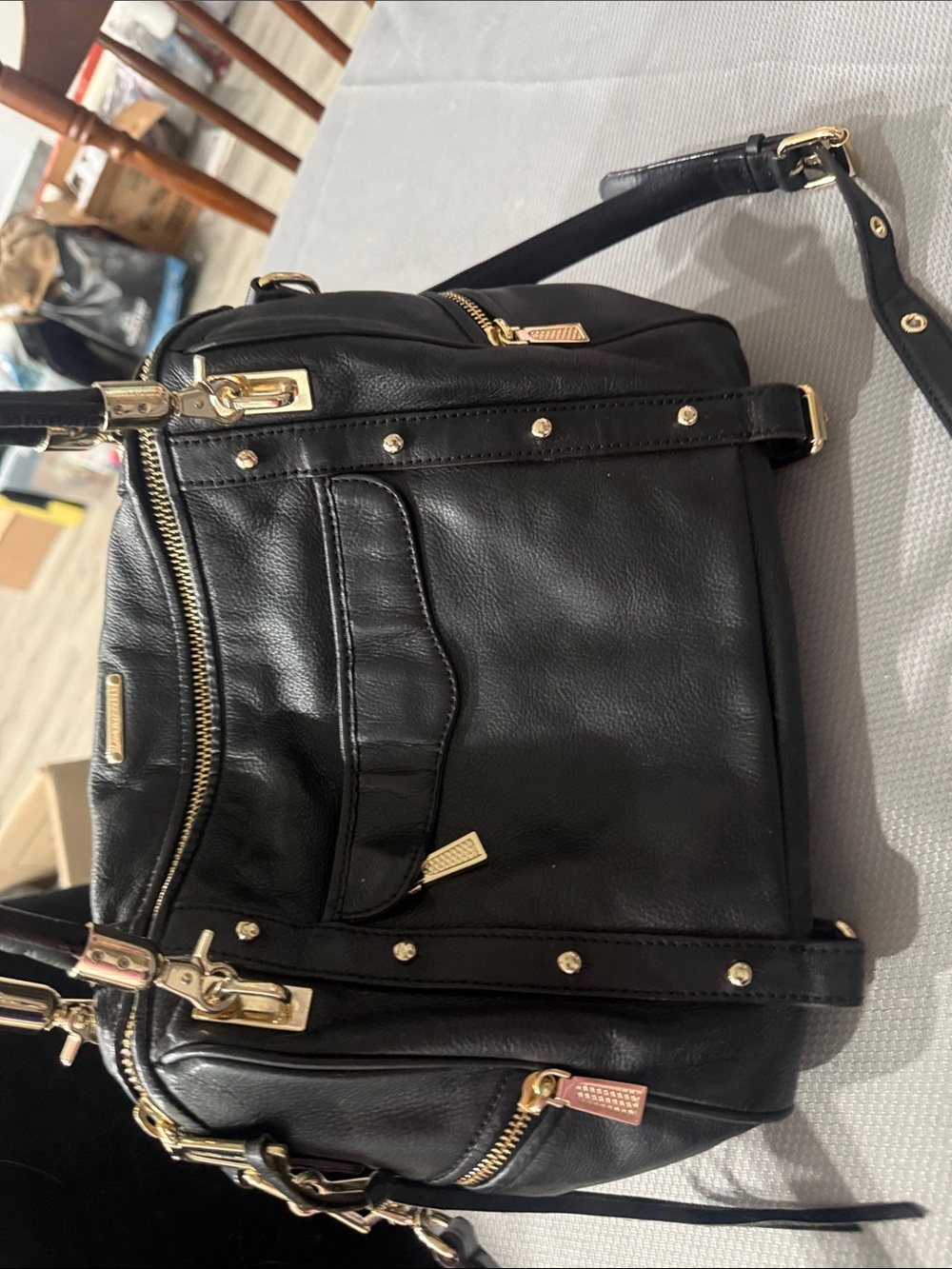 Rebecca Minkoff Black Leather Satchel with Gold Hardware and Studs - Picture 3 of 8